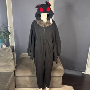 Adult Mothman Costume Fleece Onesie Wings Zip Front Halloween Cosplay Size S NWT